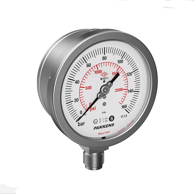 1/2'' MH-100 ĐỒNG HỒ ÁP SUẤT CHÂN INOX KHÔNG DẦU D100 PAKKENS (EU)