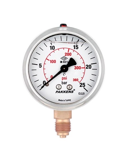 1/2'' MG-100 ĐỒNG HỒ ÁP SUẤT CHÂN ĐỒNG CÓ DẦU D100 PAKKENS (EU)